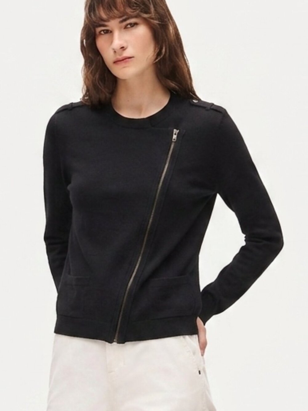 J.Crew Merino Wool Moto Cardigan Black Asymmetrical Zip Gold Hardware L 2011
